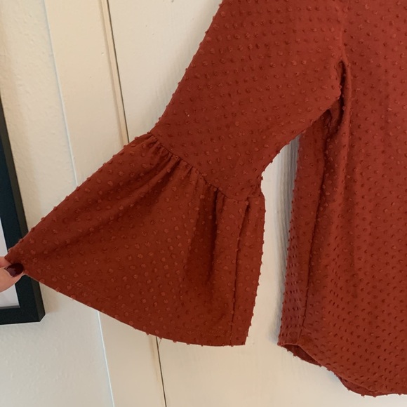 Rust Bell Sleeve Top -Women’s 3/4 Length Flared Sleeve Blouse, Boho Style, Small - Picture 2 of 5